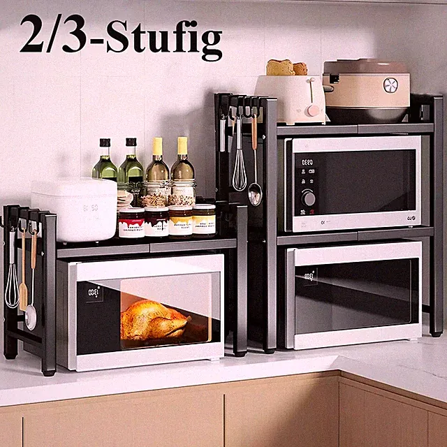 Mikrowellenhalter Küchenregal Ausziehbarer Mikrowellenregal Ablage mit 6 Haken