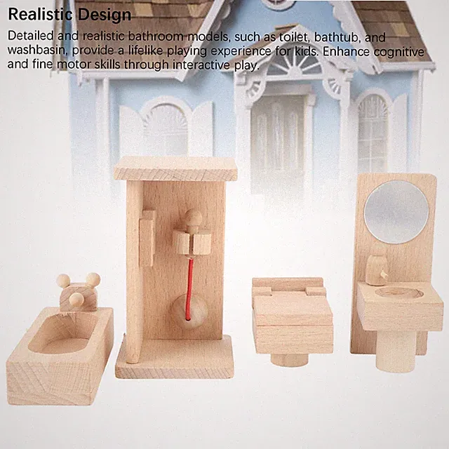 Mini-Badezimmer-Spielset Aus Holz Badewanne Waschbecken Toilette Badezimmermöbel