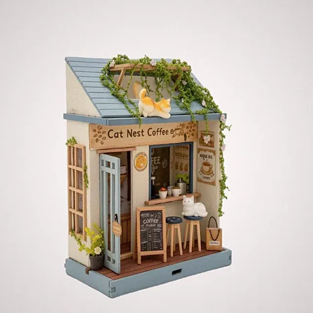 Miniatur-Kaffeehaus DIY Puppenhaus mit Möbeln Katzen-Thema für Schreibtisch