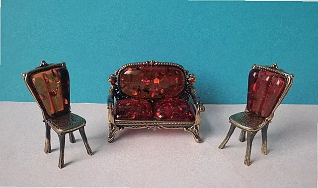 Miniatur Möbel Set 3-teilig: Sofa + 2 Sessel – Metall/Messing