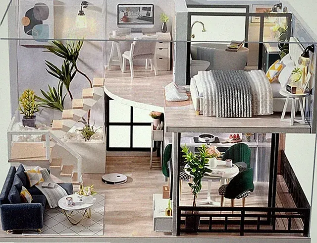 Miniatur Puppenhaus Holz Möbel LED-Licht DIY Kit 1:24 Maßstab Cozy Time