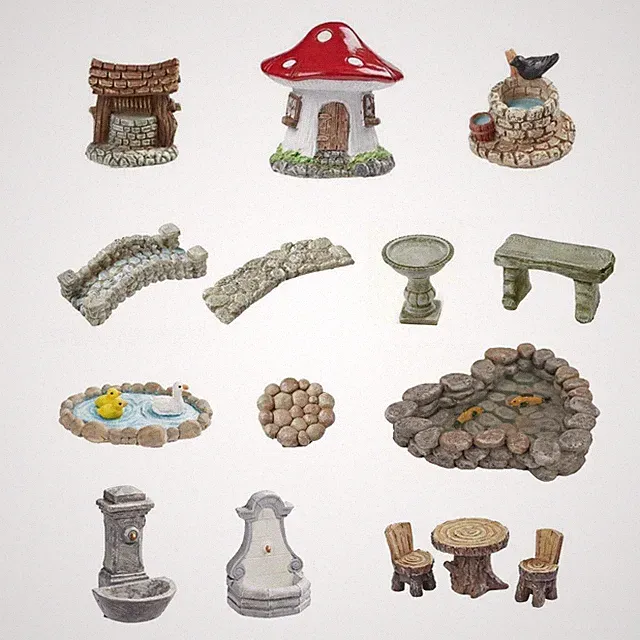 Miniatur Stein-Garten Zubehör 3-10cm Wichtel Möbel Bank Brunnen Brücke Hobbyfun