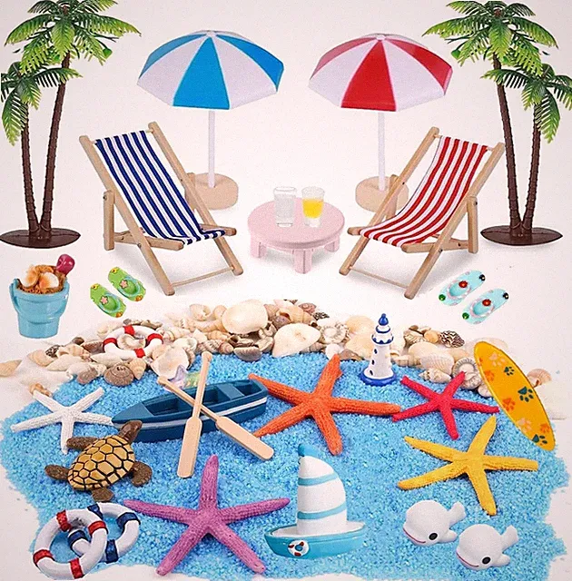 Miniliegestuhl Strandkorb Deko Set 31 Stück mit Sonnenschirm Palme für Zen