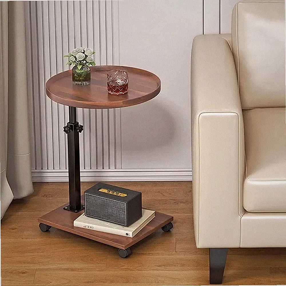 Mobiler 2-Ebenen Sofatisch Mit 360° Drehplatte & Erhöhtem Rand, Höhenverstellbar