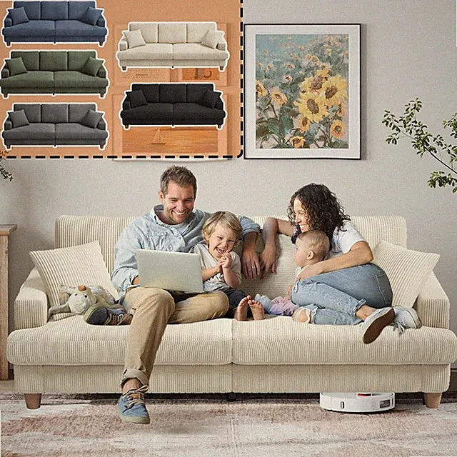 Modern Cordsofa Bequem 3er Couch mit Armlehnen und 2 Kissen 221x76x89cm