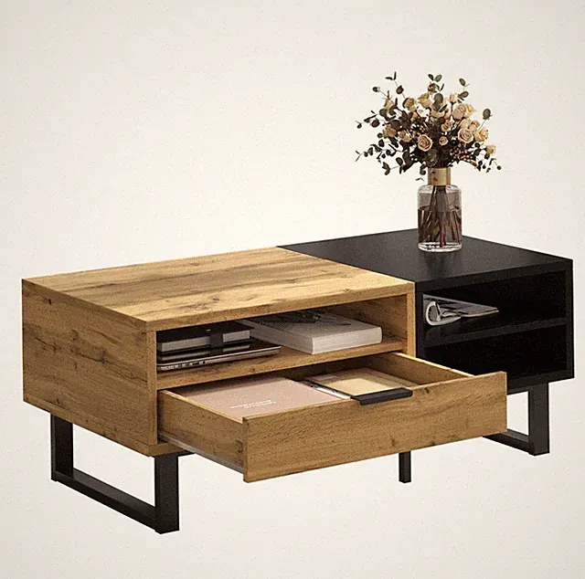 Modern Couchtisch Beistelltisch mit 3 offene Fächer Schublade Holz+Schwarz 100