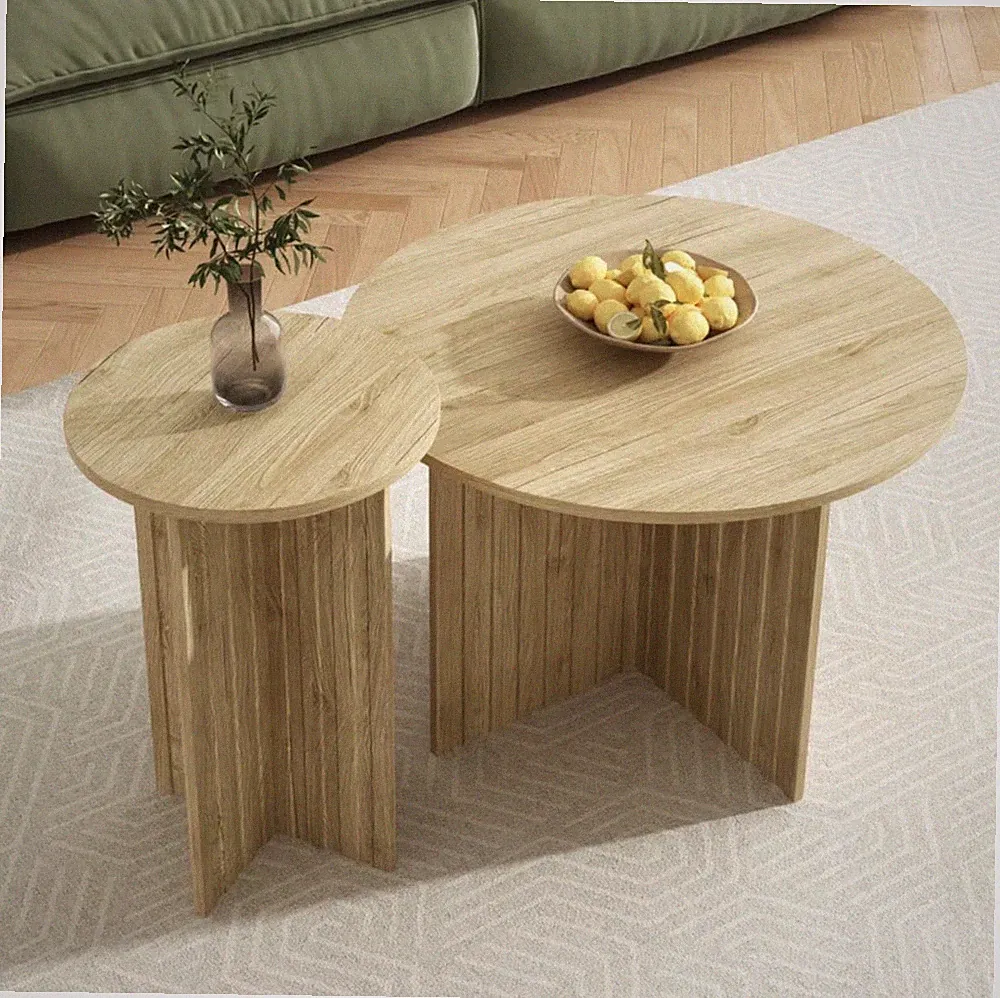 Modern COUCHTISCH Nest-Set rund Holz Skandi 2-teilig