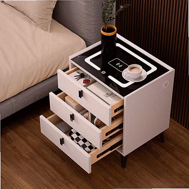 Modern Smart Nachttisch 3 Schubladen Schrank mit Drahtloses Aufladen 2 USB Weiß