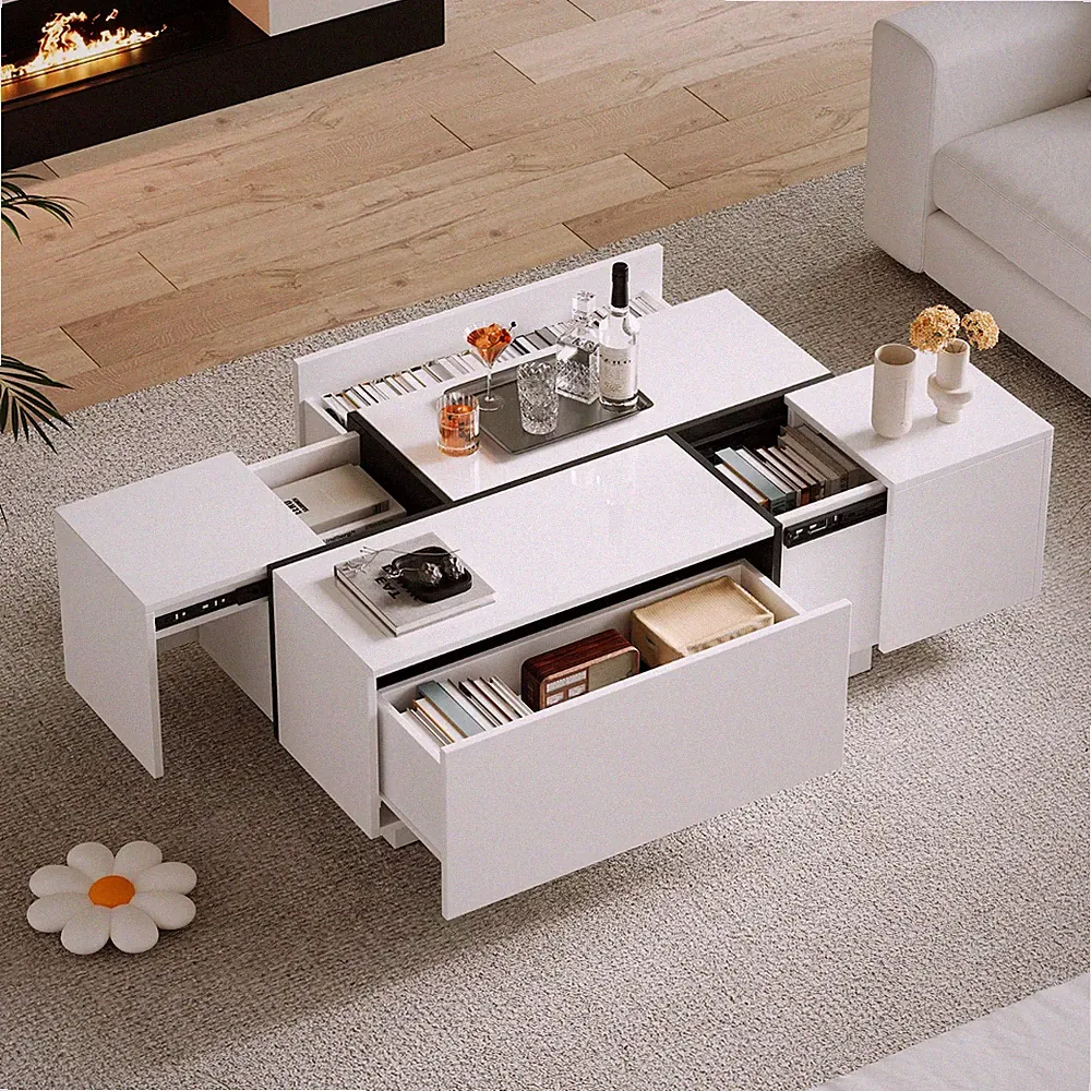 Modern weiß Hochglanz Sofatisch Couchtisch Patchwork m/ 4 Schubladen Kaffeetisch