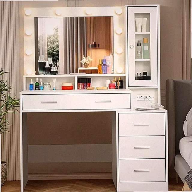 Modern Weiß Schminktisch Frisiertisch mit 10 LED-Beleuchtung Spiegel 5 Schublade