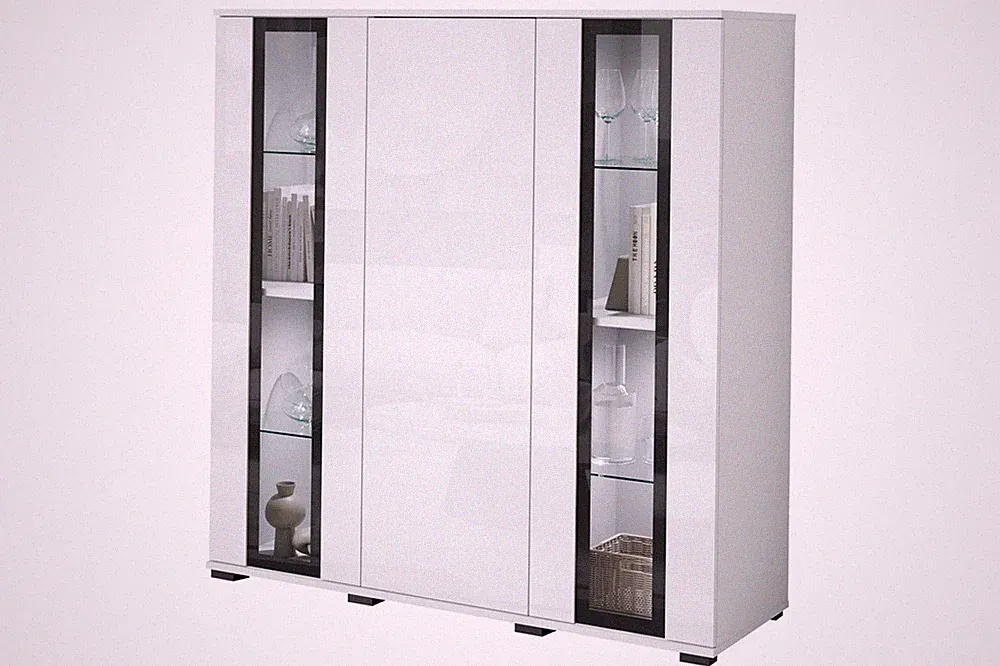 Moderne hohe Vitrine 120 cm, Fronten Weiß Hochglanz, mit Glasfronten und LED