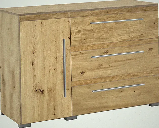 Moderne Kommode 1 Tür 3 Fächern 3 Schubladen Sideboard Schrank Holz Optik Oak