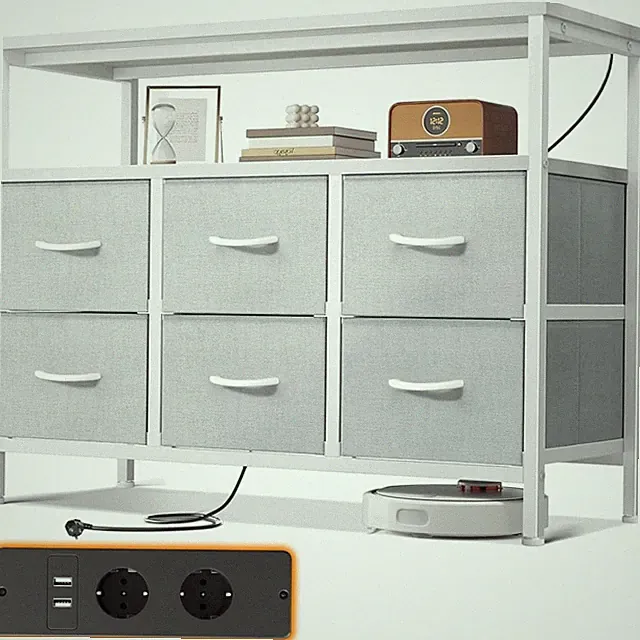 Moderne Kommode mit 6 großen Stoffschubladen, 2 Steckdosen, 2 USB-Anschlüssen...