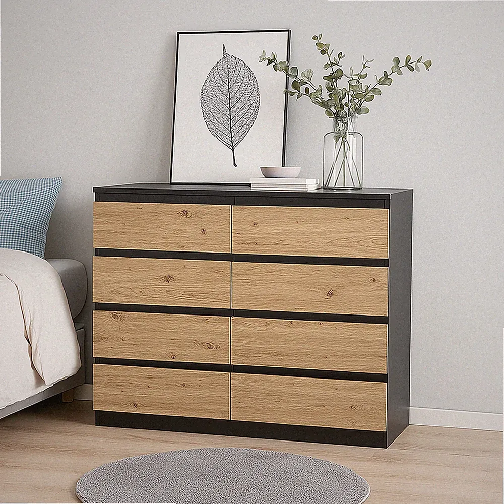 Moderne Kommode mit 8 grifflosen Schubladen Schwarz-Artisaneiche Sideboard HTI-L