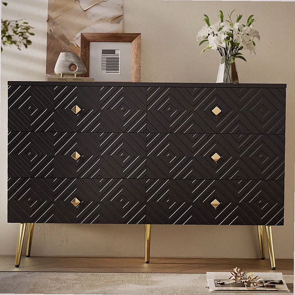Moderne Schubladen-Kommode Elegantes Schwarz mit Gold–Metallbeine für Stabilität