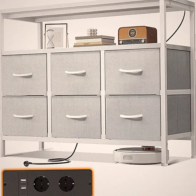 Moderne Stoffkommode mit 6 Großen Schubladen, Multifunktionales Möbelstück, Weiß