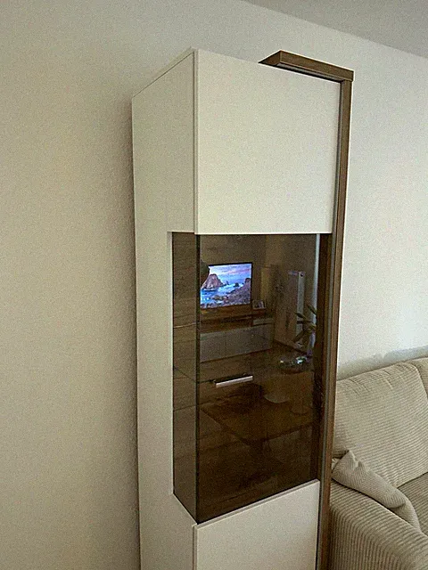 Moderne Vitrine 40x40x190 cm Weiß/Braun Glasfront Glastür LED 4 Fächer