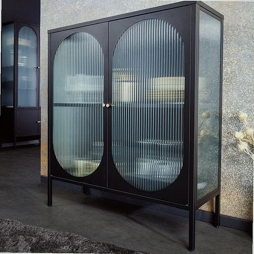 Moderne Vitrine PARIS 110cm schwarz gold Riffelglas Metall Sideboard Schrank