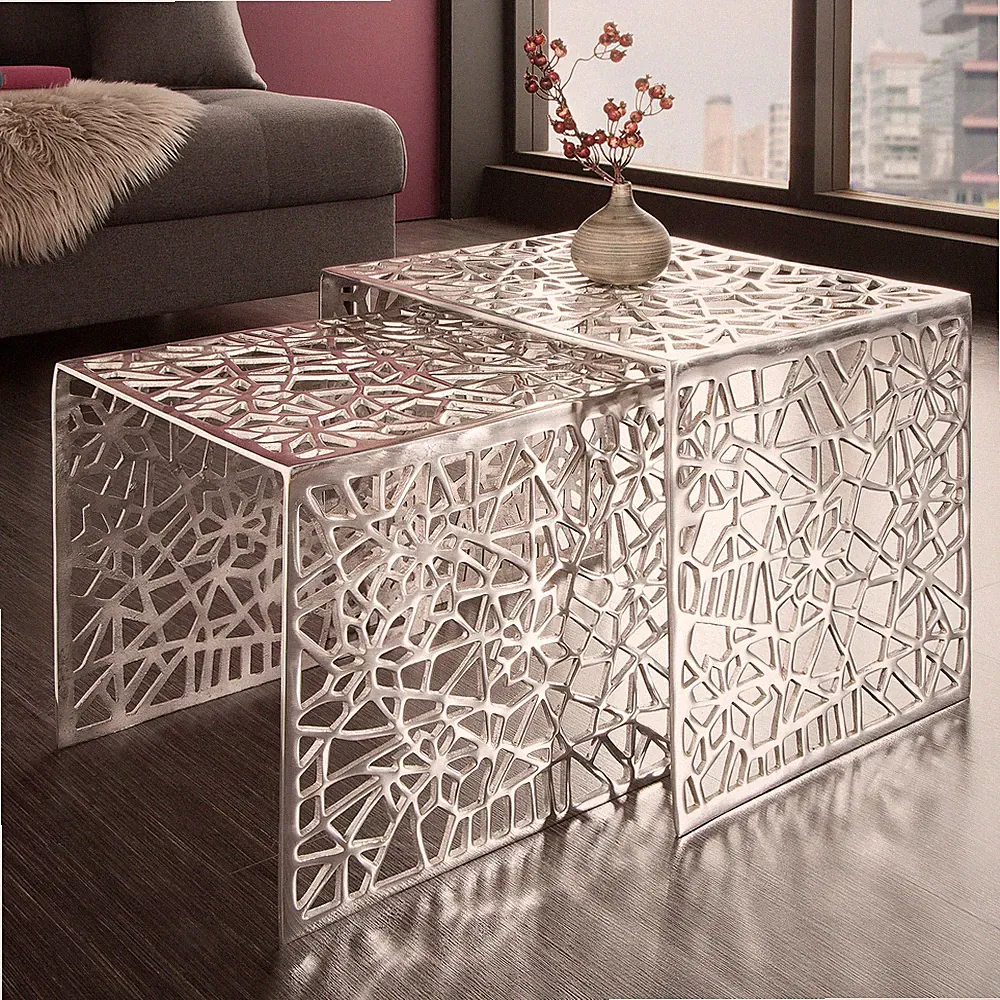 Moderner Couchtisch ABSTRACT 2er Set silber Gap Design Wohnzimmertisch Aluminium
