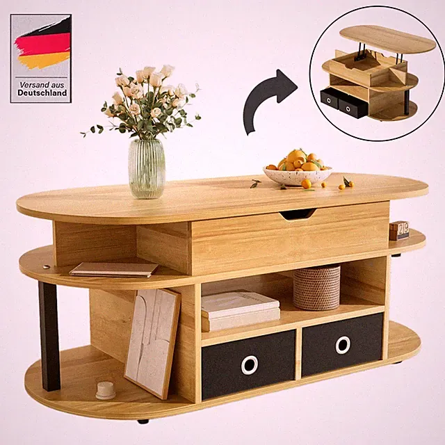 Moderner Couchtisch Höhenverstellbar mit Stauraum Holzmaserung Wohnzimmertisch