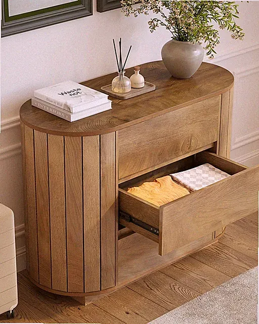 Moderner Nachtkommode 90 cm, 3 Schubladen Beistelltisch mit Lamellen-Design