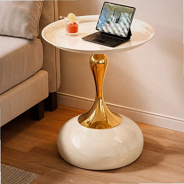 Moderner runder Beistelltisch weiß gold Metall Nachttisch Couchtisch Akzenttisch 40 cm