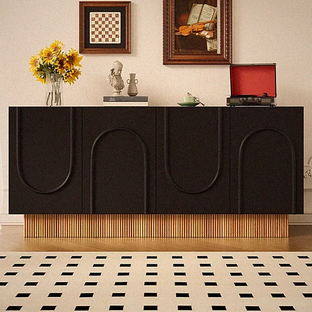 Moderner Sideboard Anrichte Schrank mit 4 Türen großem Stauraum Schwarz +Holzton