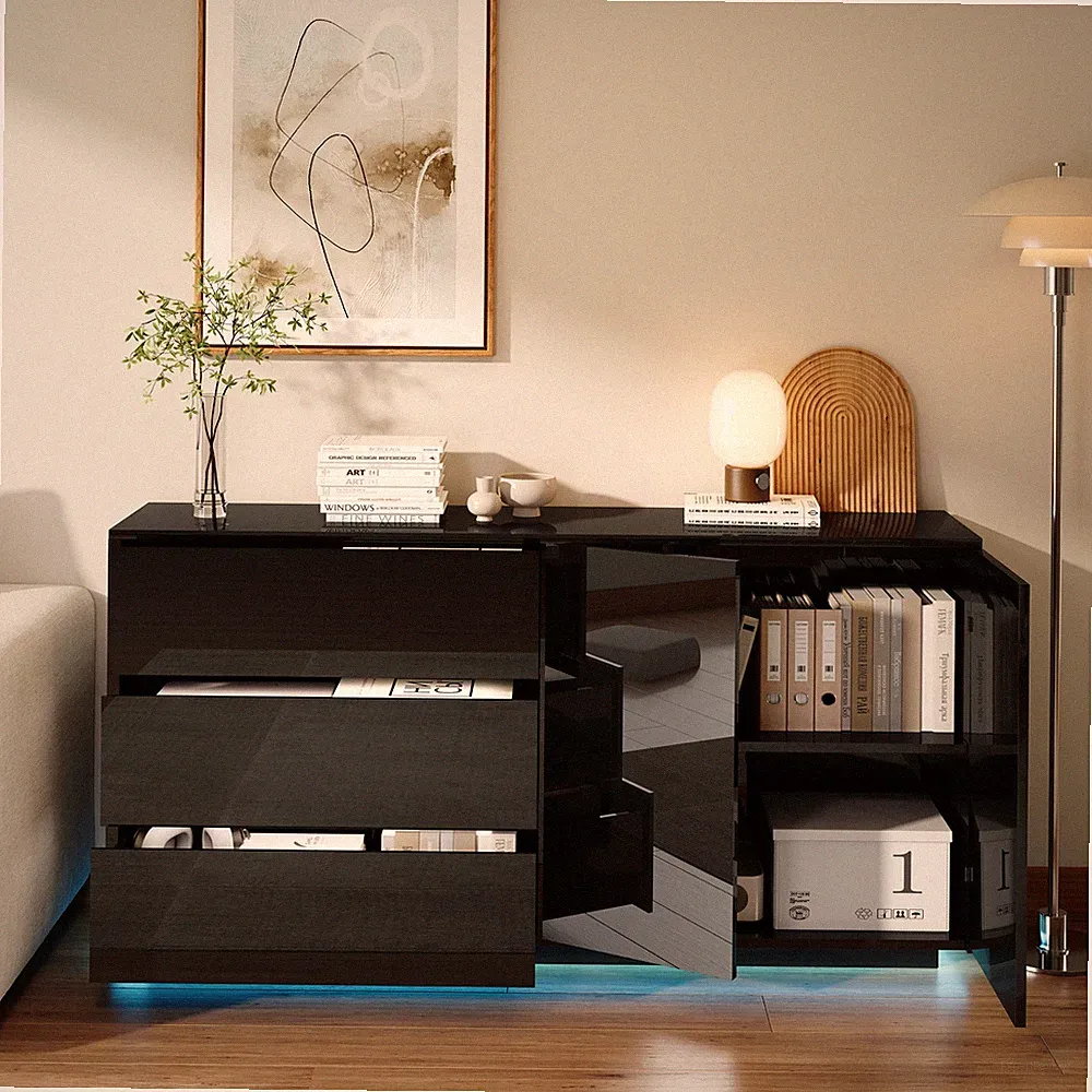 Moderner Sideboard Kommode Anrichte Schrank mit LED Beleuchtung Weiß Hochglanz