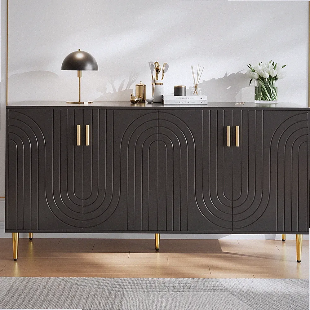 Moderner Sideboard Kommode Anrichte Schrank Schwarz mit Wellendesign 152x75 cm