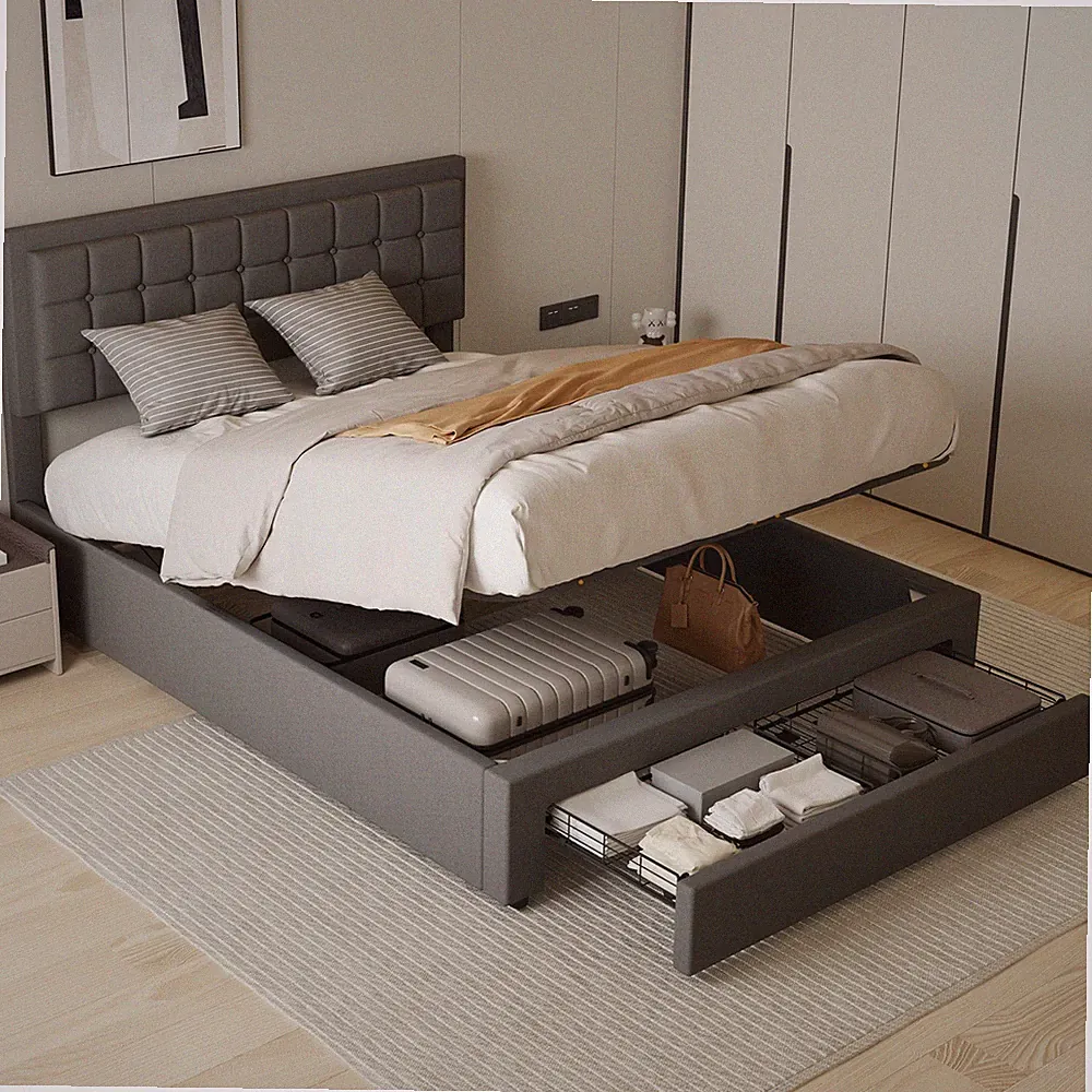 Modernes Bett mit Polsterbezug, Gasdruckfeder, Stauraum, Doppelbettgestell