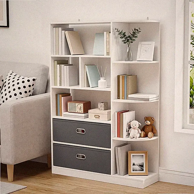Modernes Bücherregal, 8 offene Regalböden, 2 Stoffschubladen, Weiß, 115 cm hoch
