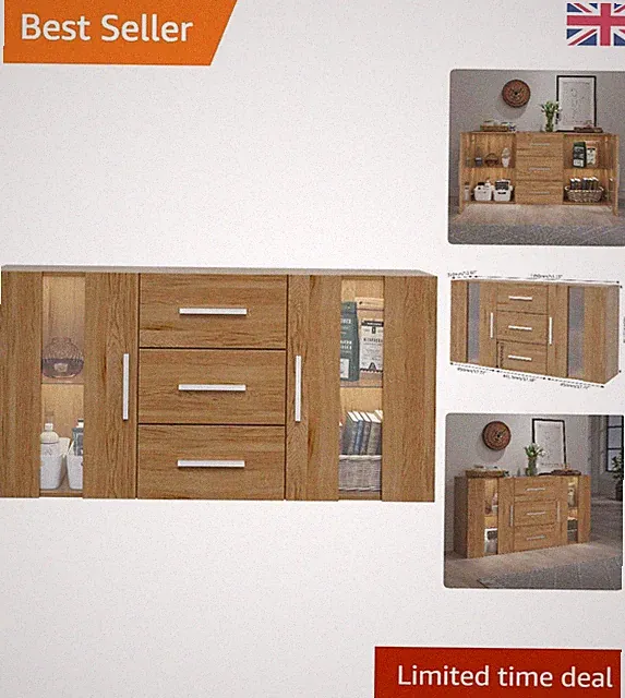 Modernes Sideboard Eiche mit 2 Türen & 3 Schubladen für Wohnzimmer