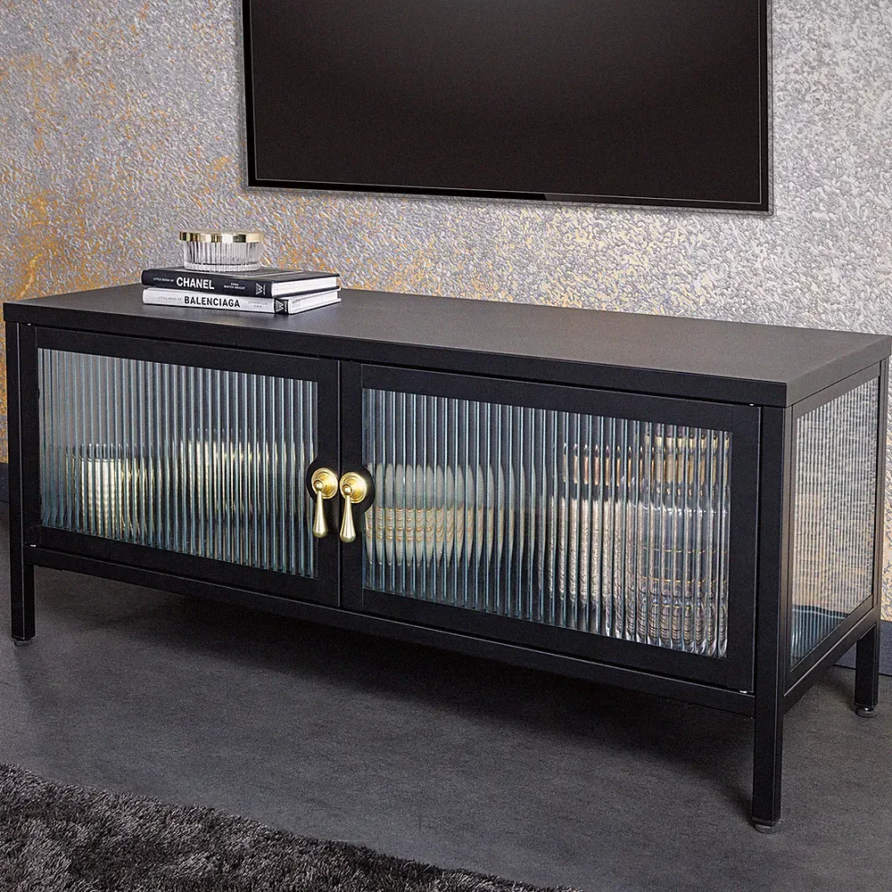 Modernes TV-Lowboard AMSTERDAM 90cm schwarz gold Riffelglas Metall Vitrine