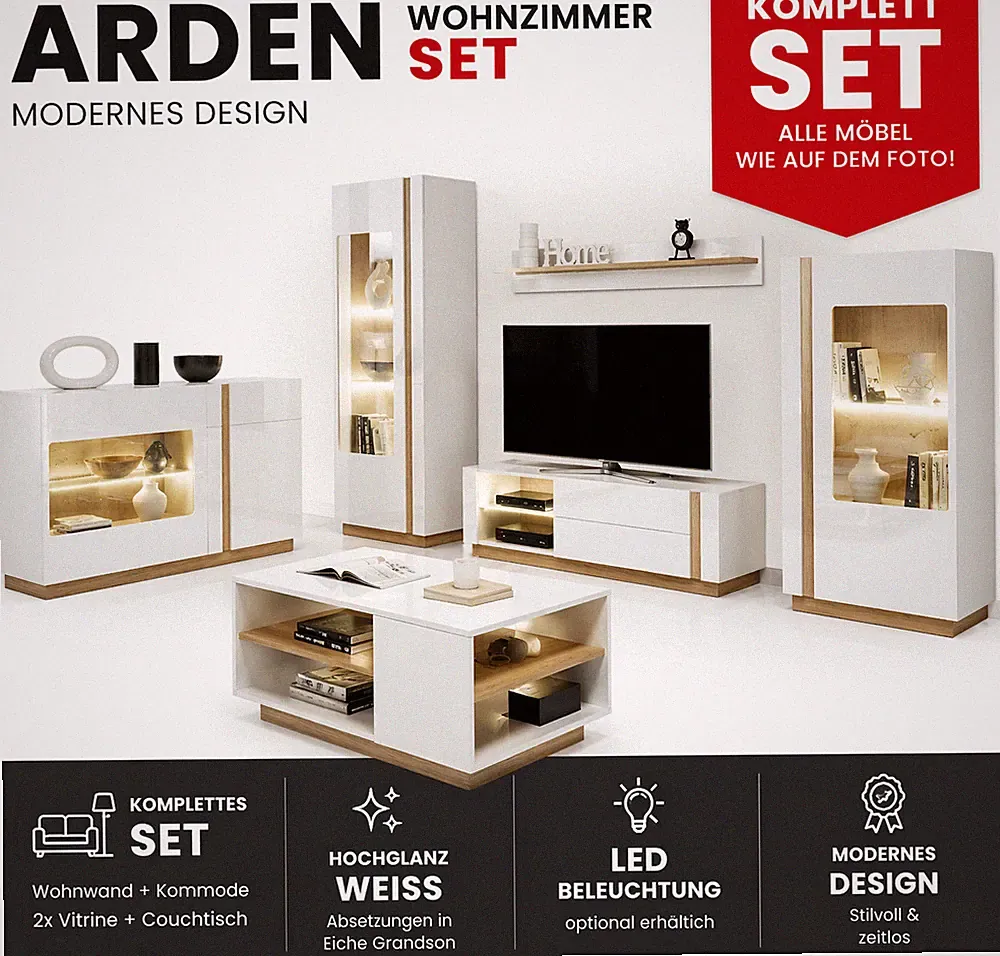 MODERNES WOHNZIMMER SET KOMPLETT HOCHGLANZ WEISS EICHE LED DESIGN ARDEN