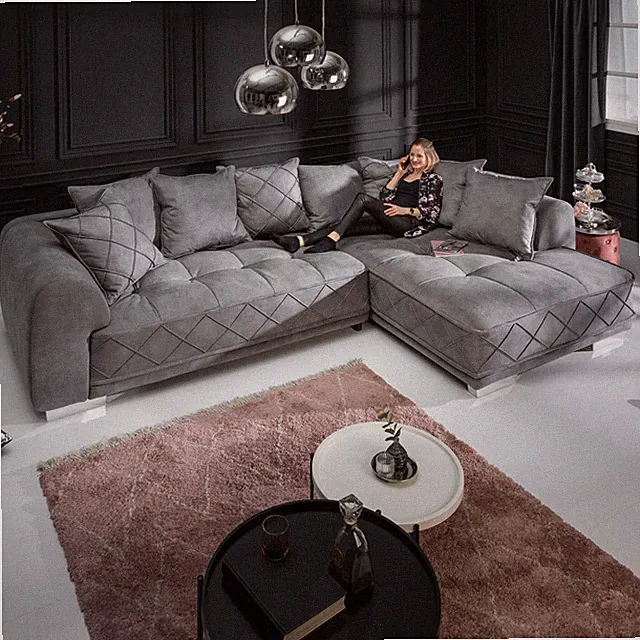 Modernes XXL Ecksofa DECADENCIA 320cm silbergrau Samt Bigsofa inkl. Kissen