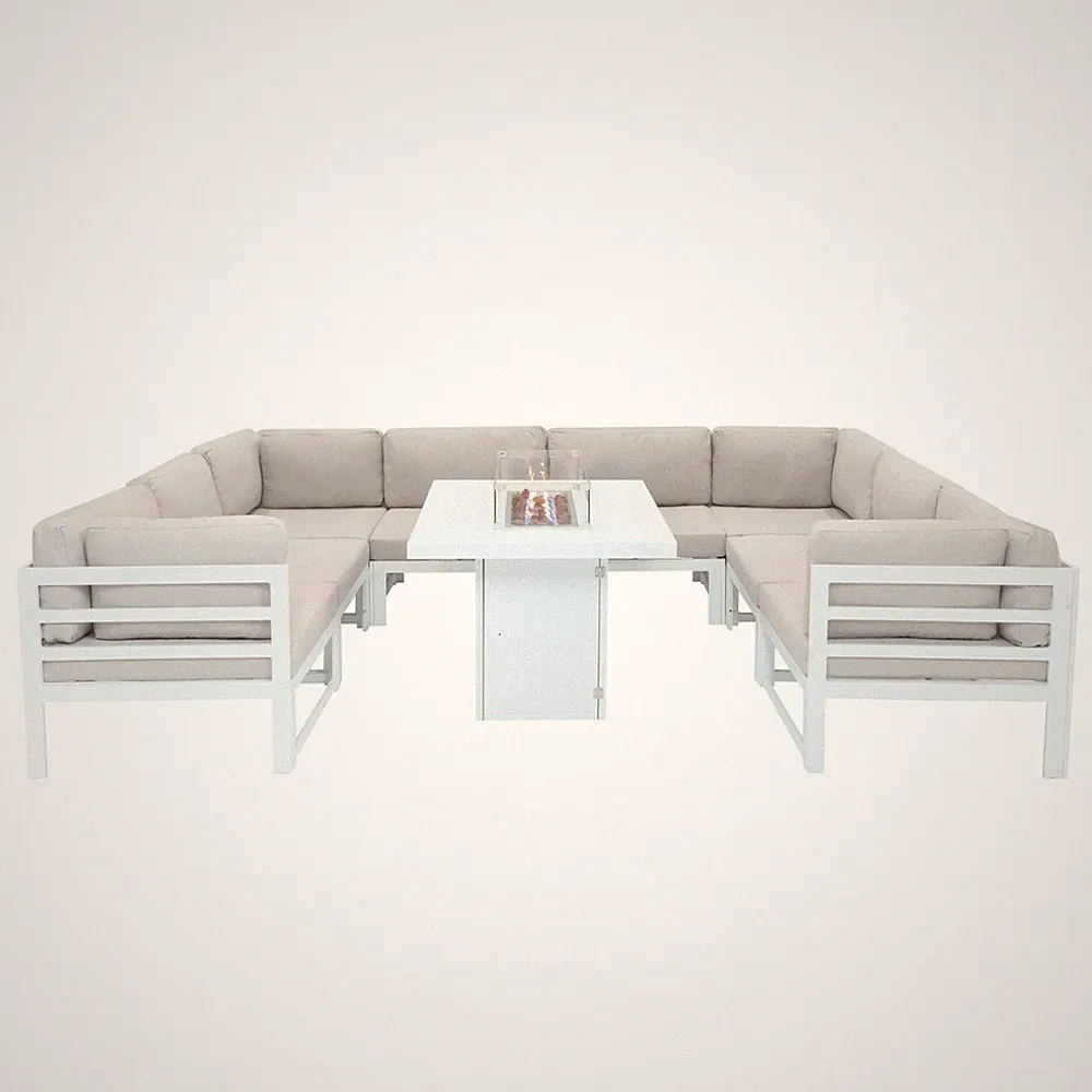 Modulares Gartenmöbel Set Weiß 9-teiliges Sofa Tisch & Feuerstelle Outdoor Set