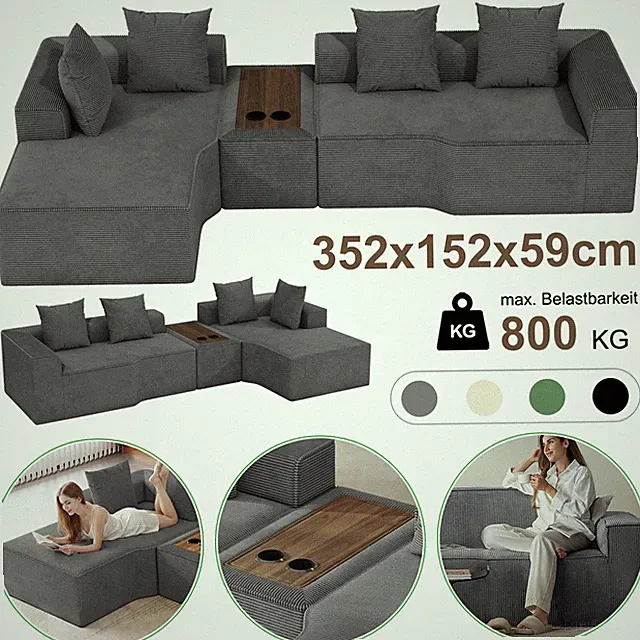 Modulares Sofa L Form 320cm Boneless Couch m. Couchtisch Ecksofa Cord Schlafsofa