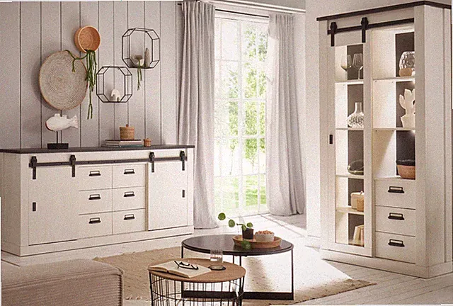 Möbel Set weiß Pinie Wohnzimmer Esszimmer Sideboard und Vitrine Schrankset Stove