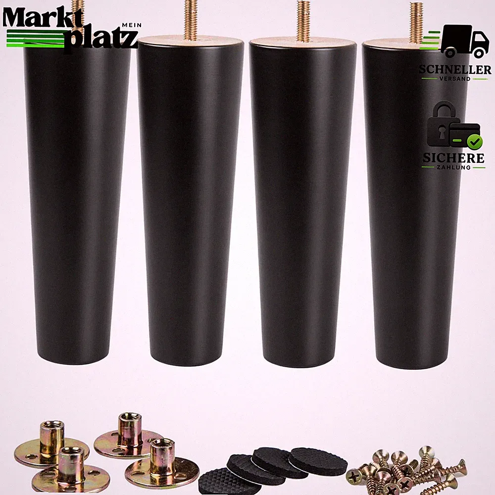 Möbelfüße 20cm Schwarz Massivholz Konisch mit M8 Gewindebolzen für Sofa Bett