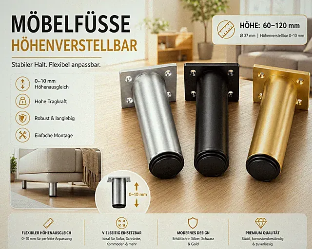 Möbelfüße höhenverstellbar(0-10 mm ) Ø 37mm 60-120mm Sockelfüße Sofafuß Couchfuß