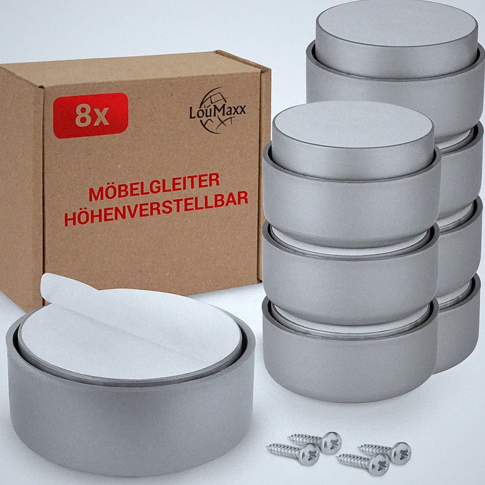 Möbelfüße höhenverstellbar 8er Set Ø 53,5 mm grau – Möbelerhöhung Kunststoff
