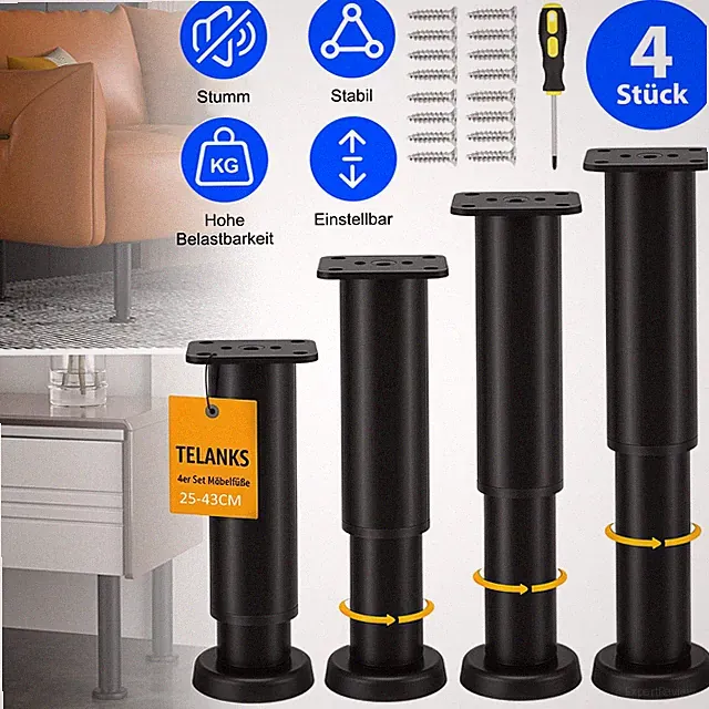 Möbelfüße Höhenverstellbar Füsse Füße 25-43cm Füße für Möbel Metall Hochwertige