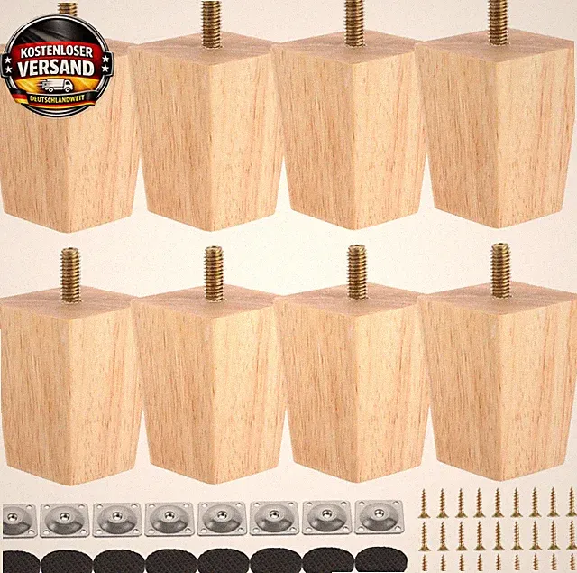 Möbelfüße Holz 6 cm Eiche Set stabil mit Montageplatten Schrauben Filzgleiter
