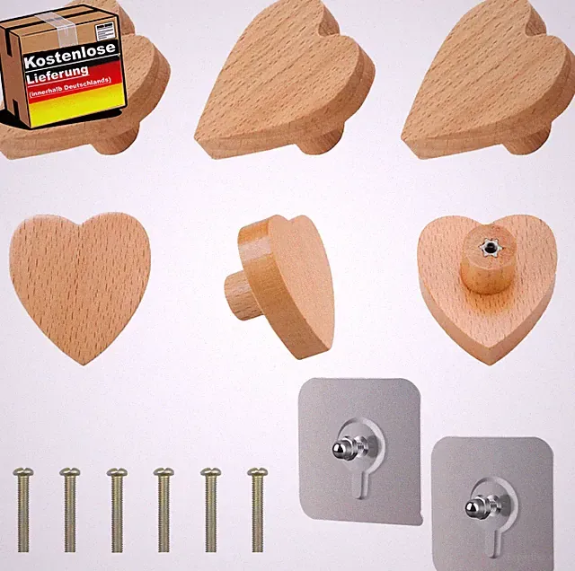 Möbelknöpfe Holz Herz 6er Set für Schubladen Schränke Kommoden Dekoration