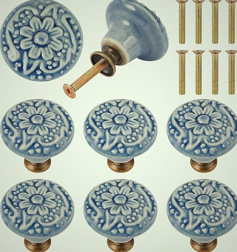 Möbelknöpfe Keramik Blau Vintage Rund 8 Stück Schubladengriffe Möbeldeko