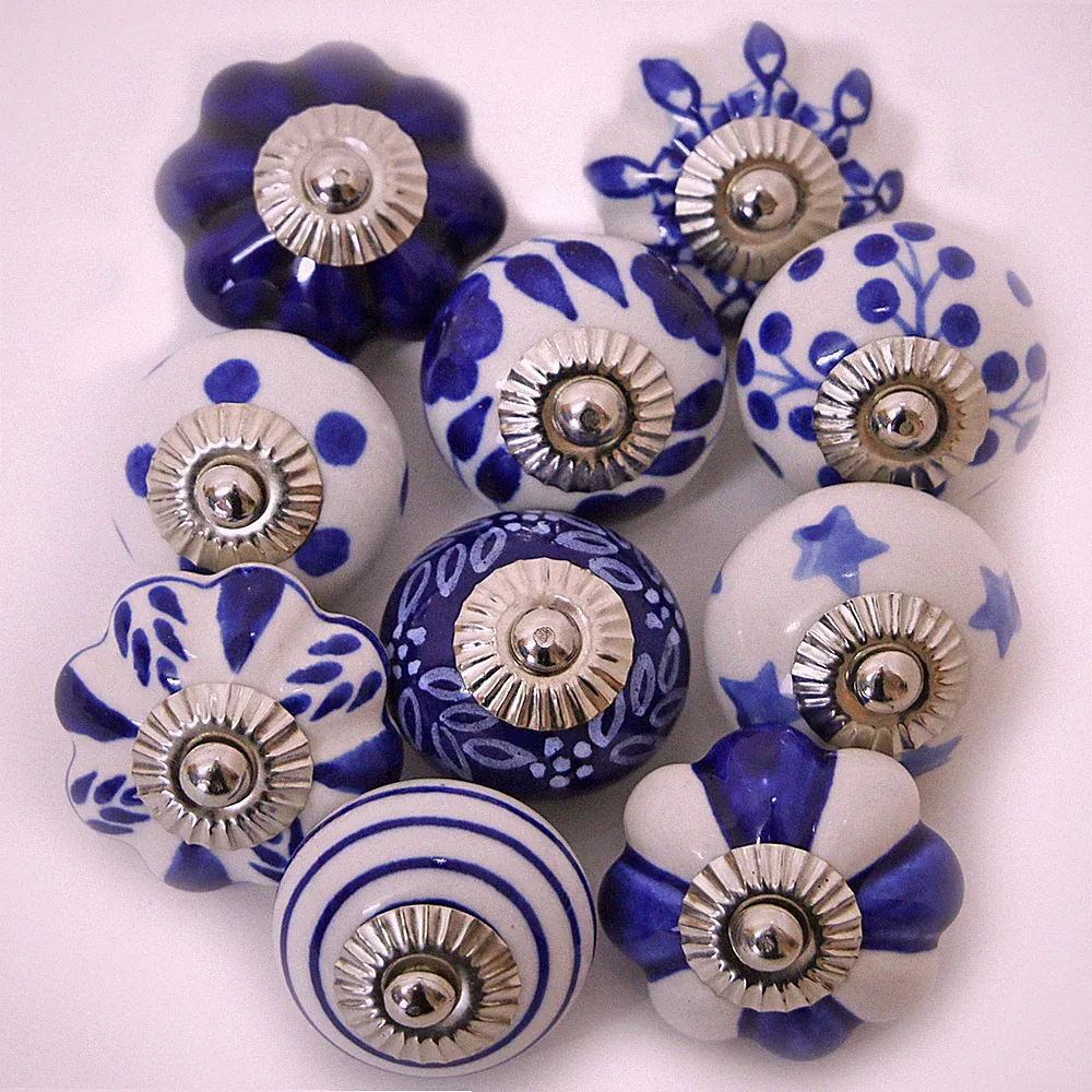 Möbelknöpfe Set 6-8-10 STK Griffe Blau Weiß Keramik Knöpfe Möbelknopf Knäufe