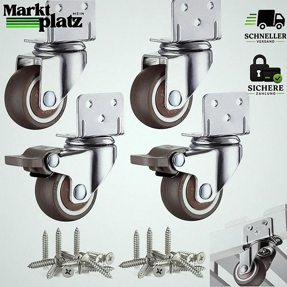 Möbelrollen 50 mm, L-Montageplatte, mit Bremse, Tragfähigkeit 270 kg, 4 Stück