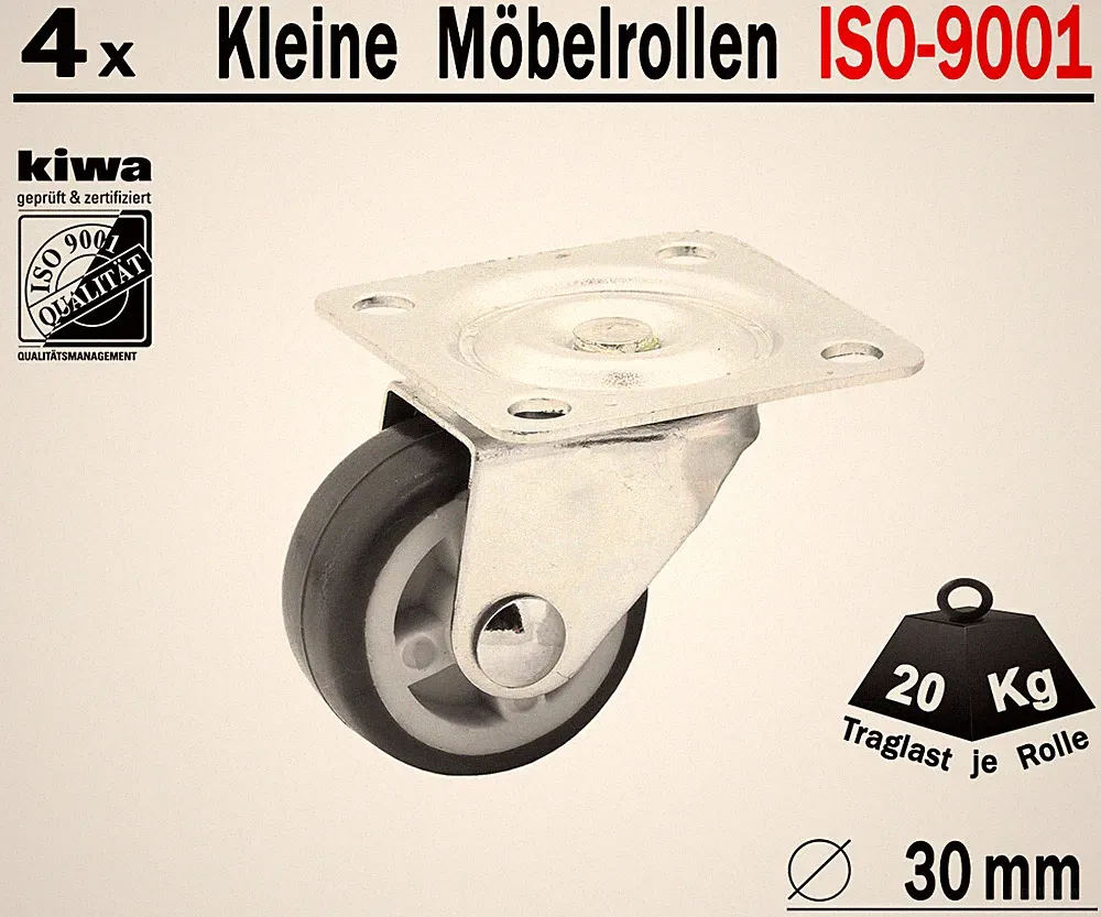 Möbelrollen Lenkrollen Tisch Lauf Rollen 4 x Ø 30mm Gummi Grau BS-Rollen Germany