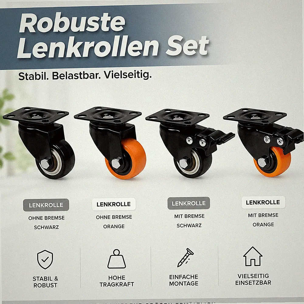 Möbelrollen Set 40mm Transportrollen Orange/Schwarz Lenkrollen Bremse PVC Rollen