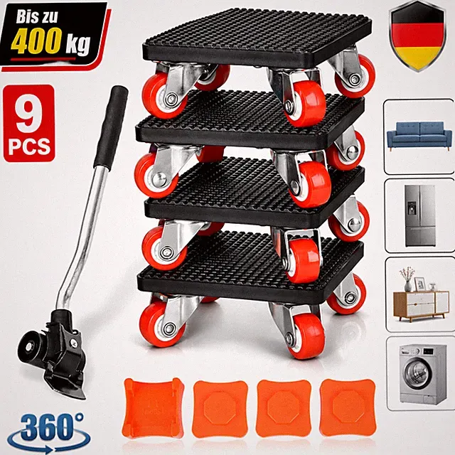 Möbelroller Set 9-teilig Möbeltransportroller 360° drehbar 400KG Hebelstange